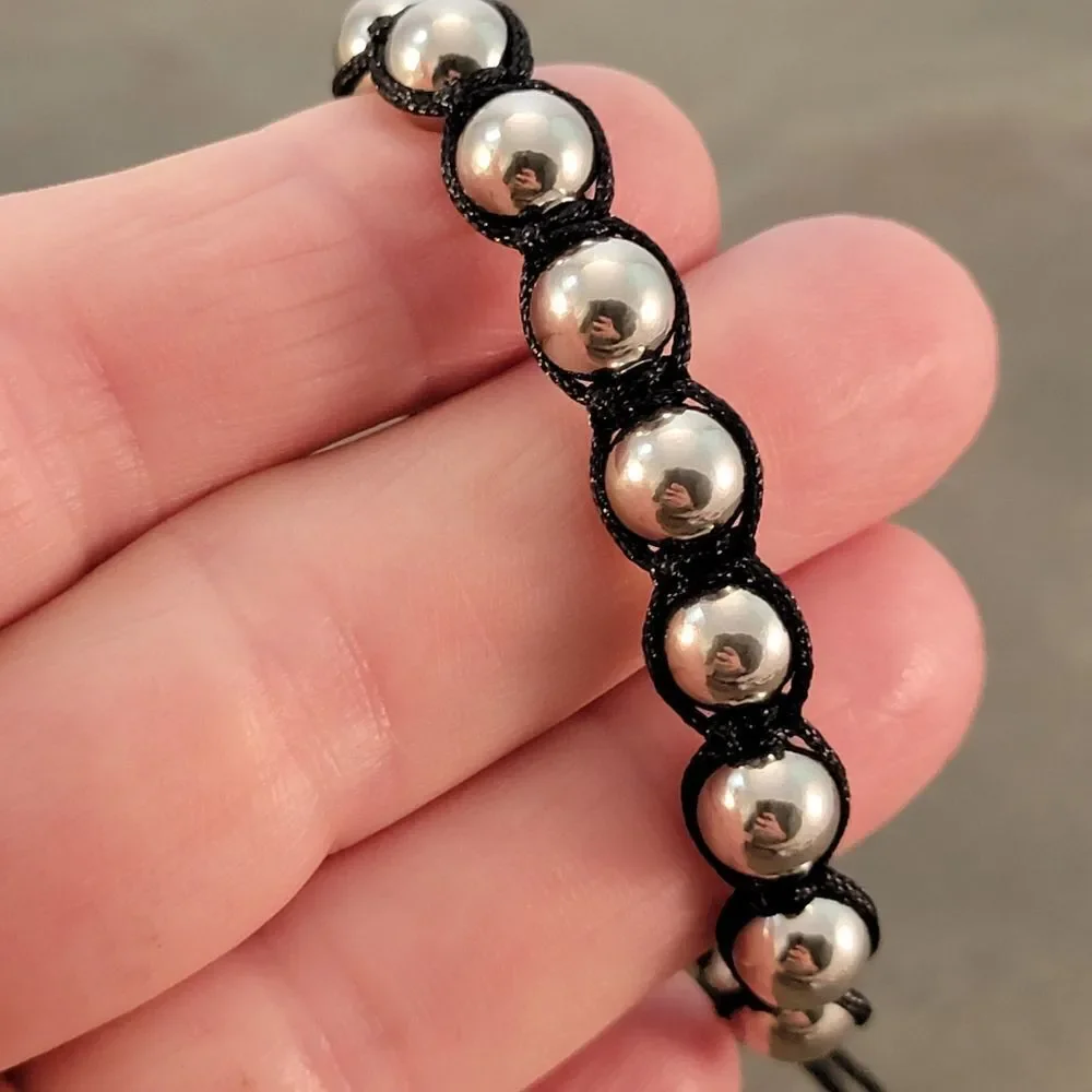 New Silver 8mm Stainless Steel Beaded Cord Adjustable Bracelet